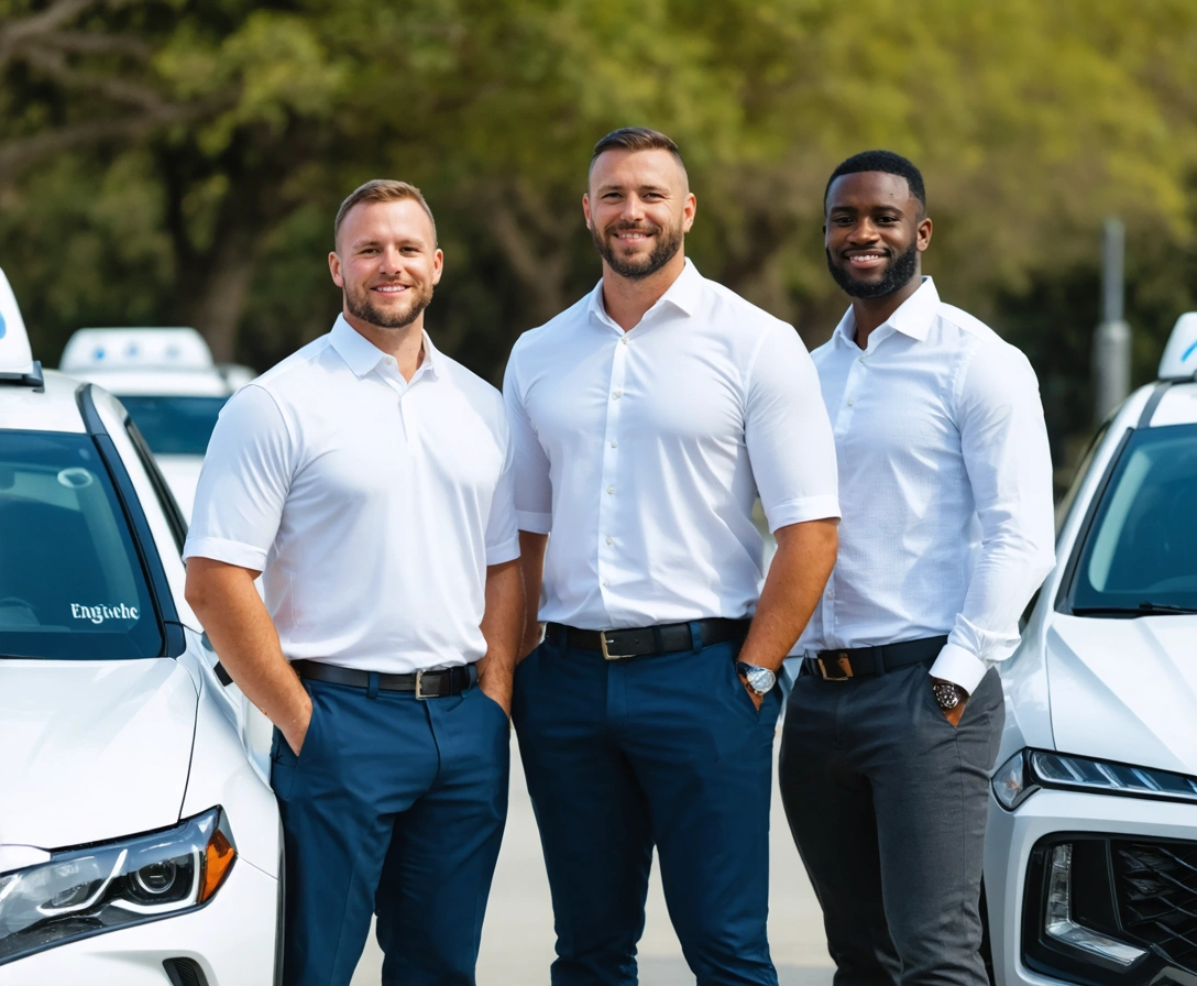 Professional drivers standing beside clean taxis in Englewood branding colors