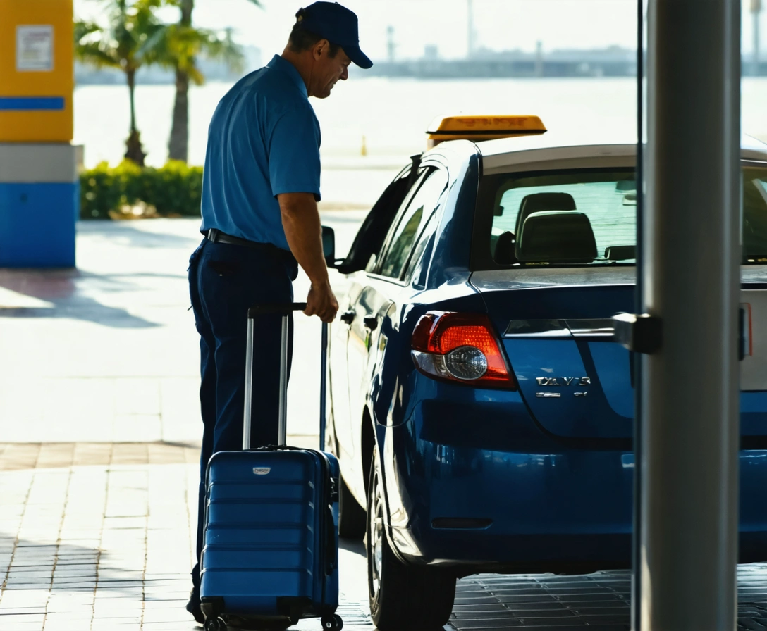 Driver loading luggage into a navy taxi near a modern terminal