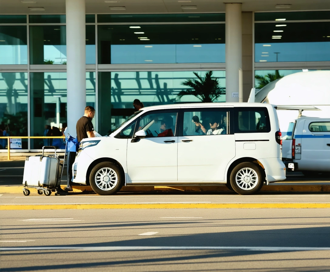 Driver greeting passenger with luggage at airport taxi stand