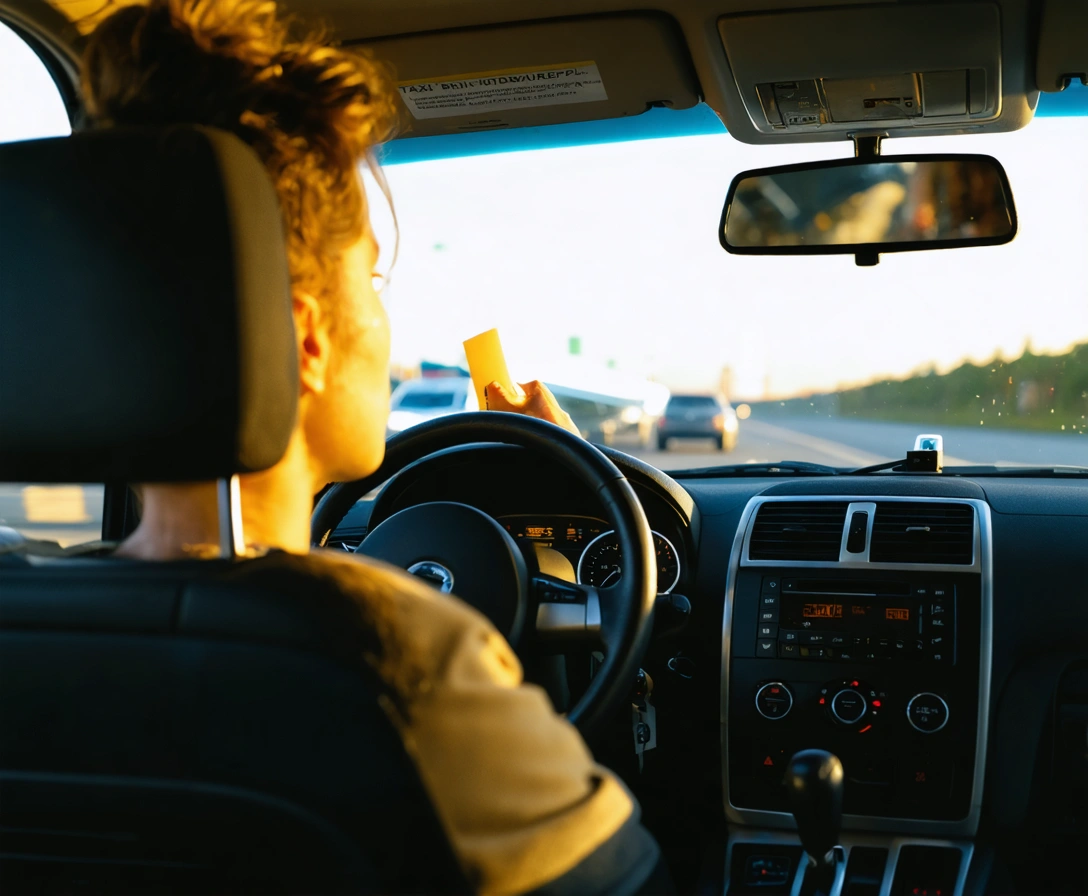Passenger relaxing in taxi approaching airport drop-off lane