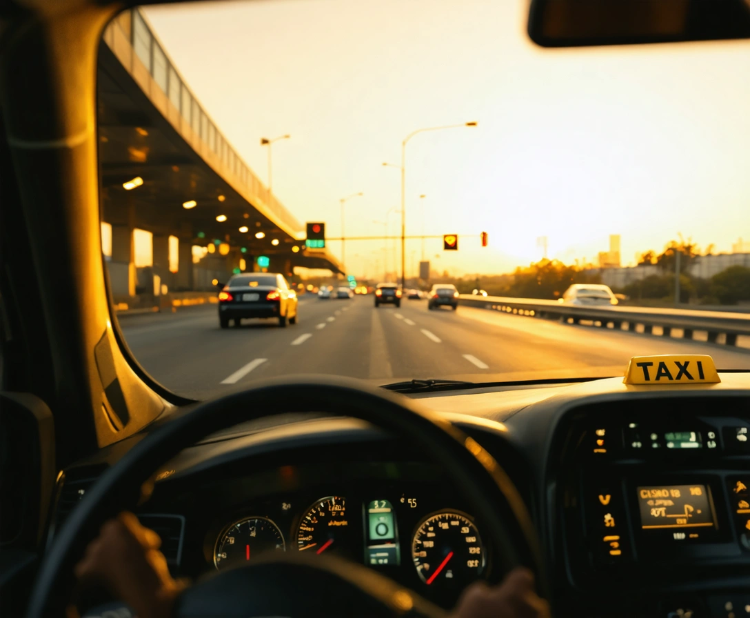 Taxi driving through an airport exit road at sunrise