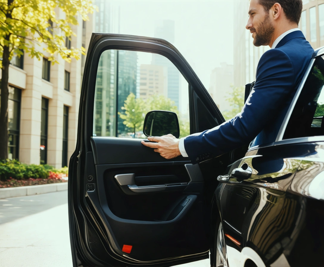 corporate-accounts-p-1 Driver assisting businessperson exiting ride share at office complex