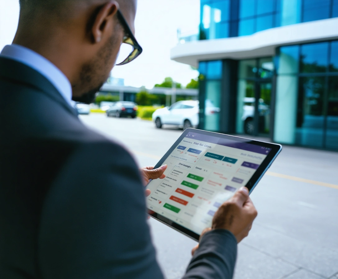 corporate-accounts-p-2 Ride share driver outside corporate building checking schedule on tablet