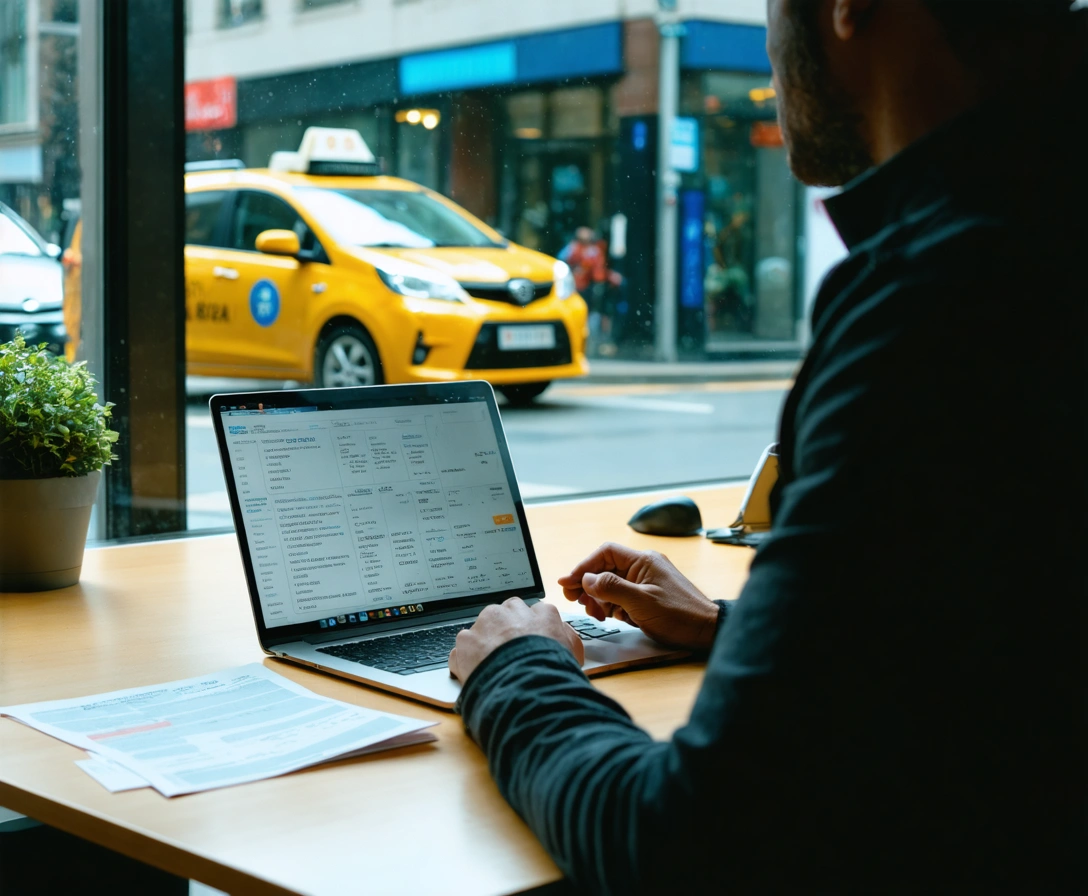 corporate-accounts-p-3 Person reviewing invoices on laptop with taxi outside window