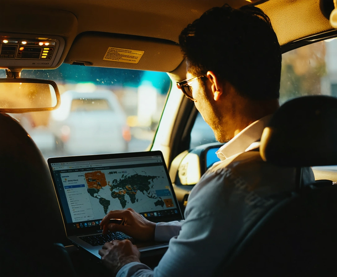 corporate-accounts-p-4 Businessman working on laptop in a taxi during daytime