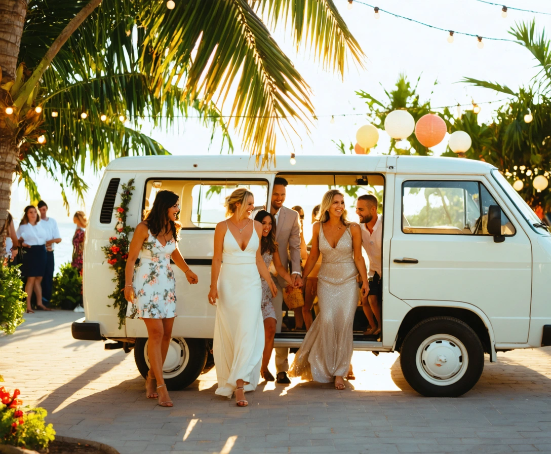 Happy group getting into a white mini van at a festive venue