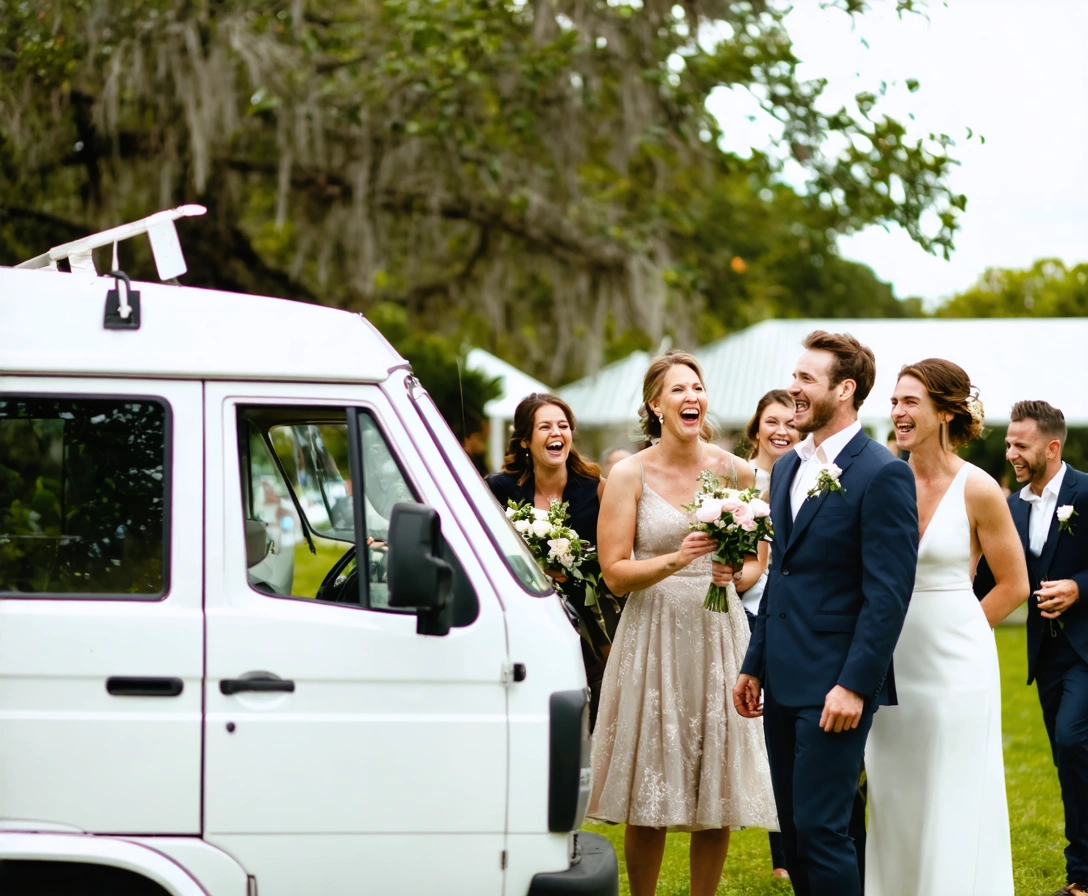 Well-dressed passengers laughing near a parked white mini van in Florida