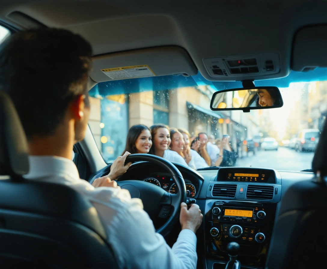 Passengers enjoying a ride in a clean taxi with a visible driver