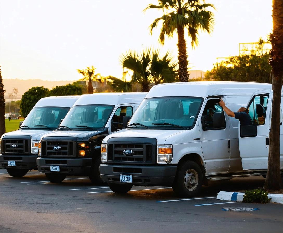 Ride share vans at a venue entrance with driver assisting passengers