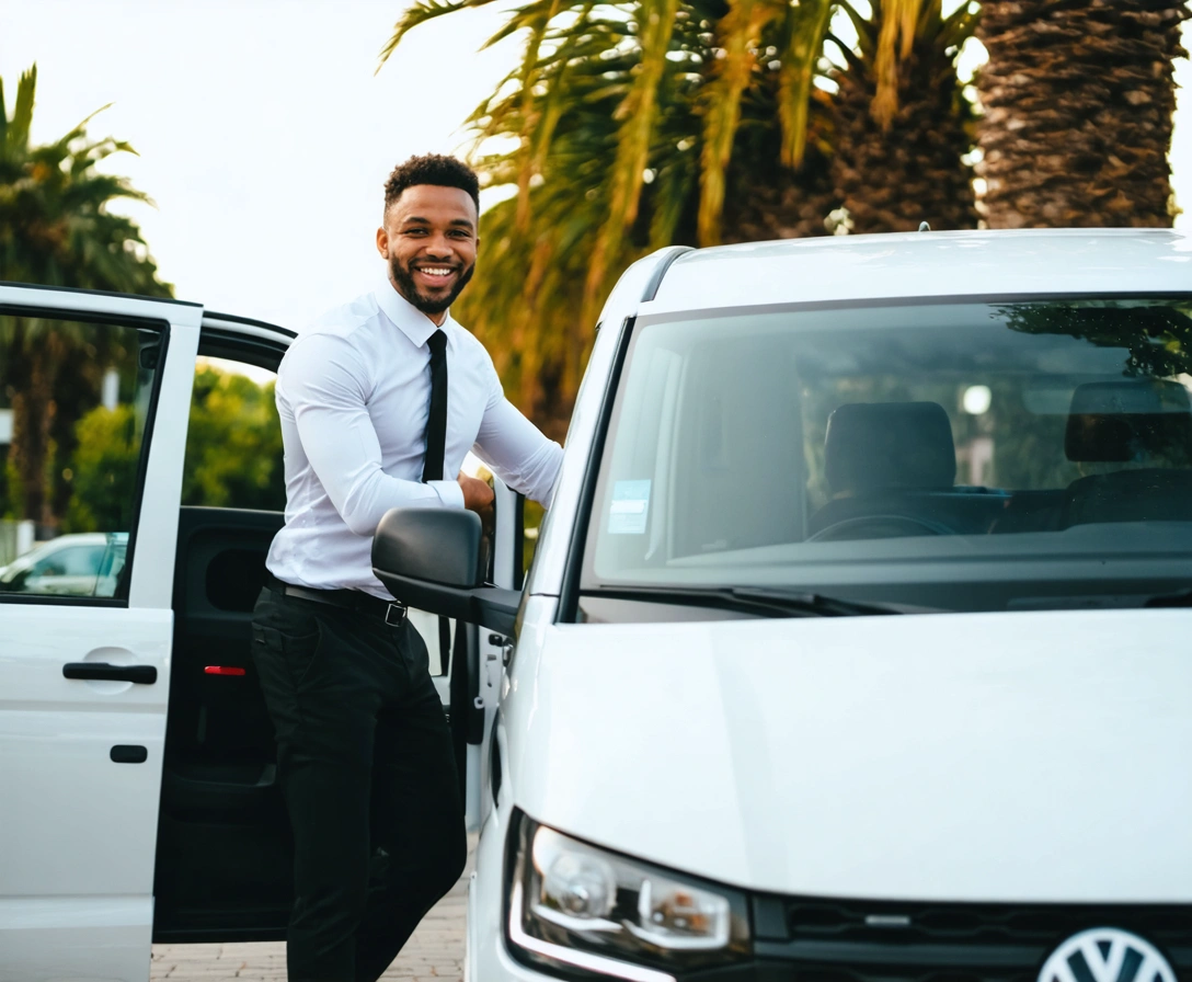 Smiling professional driver opening a white mini van taxi door