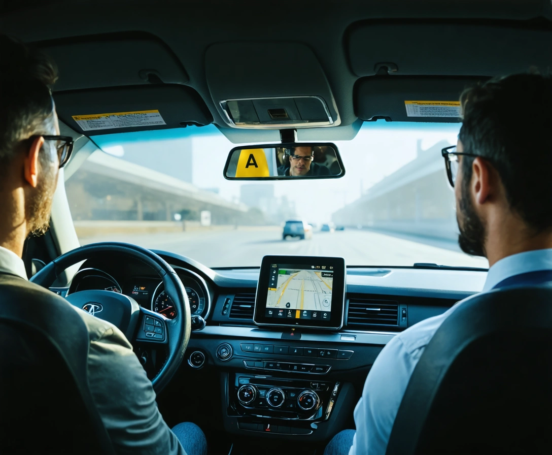 Driver greeting passenger in a clean, modern taxi interior