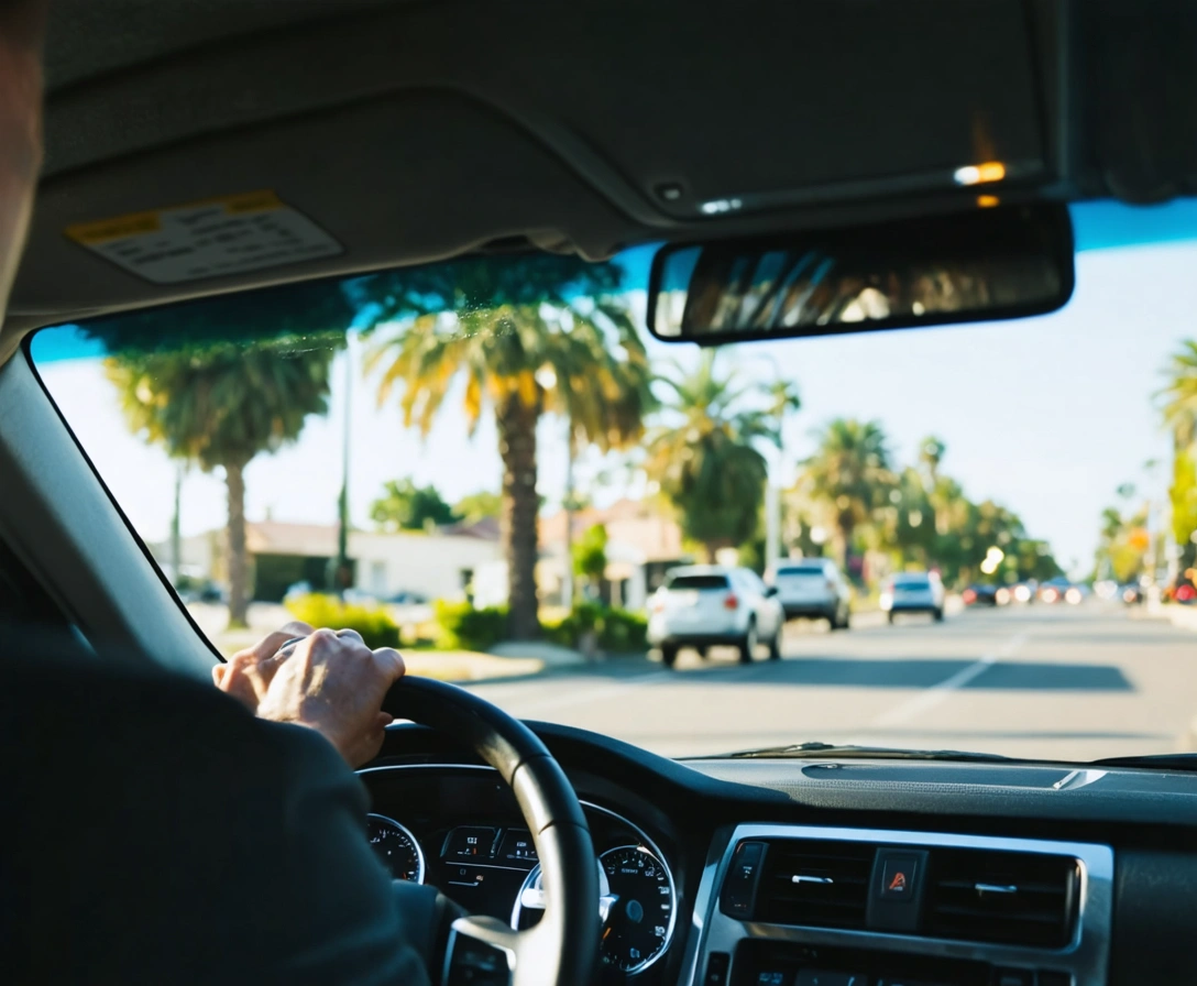 local-point-to-point-p-10 Smiling driver in Englewood with palm-lined street in the background