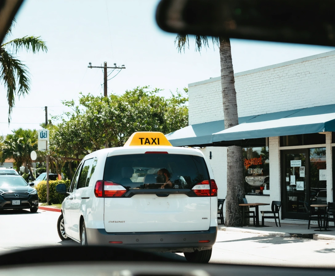 local-point-to-point-p-4 Passenger entering a white minivan taxi in front of a café in Englewood