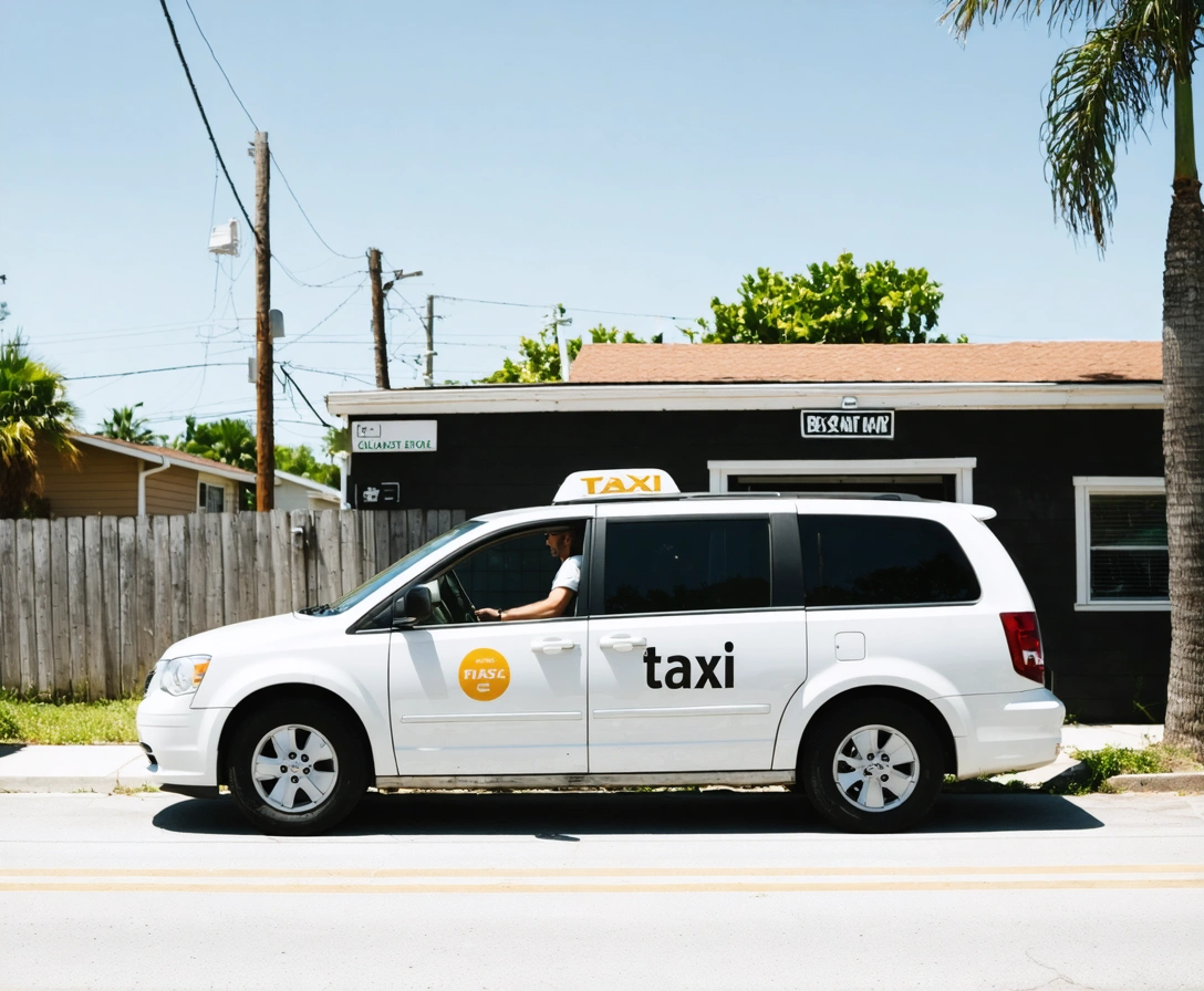 local-point-to-point-p-7 Passenger entering a white minivan taxi in front of a café in Englewood