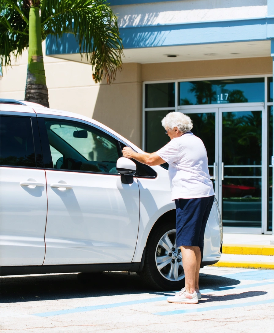 Driver assisting elderly passenger out of a van at a clinic entrance