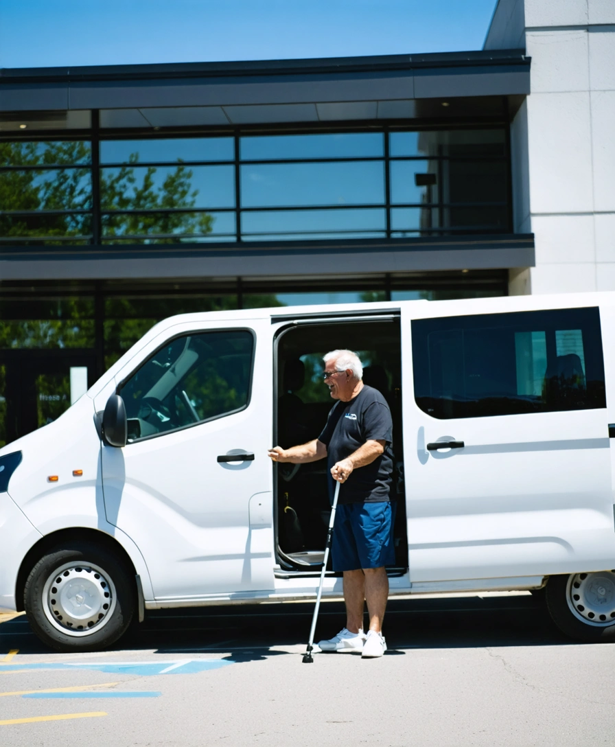 Driver assisting smiling passenger with cane into ride-share van