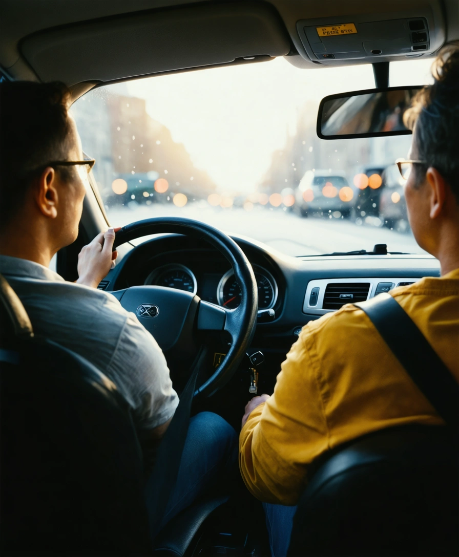 Taxi driver assisting passenger in a clean, calm cab interior
