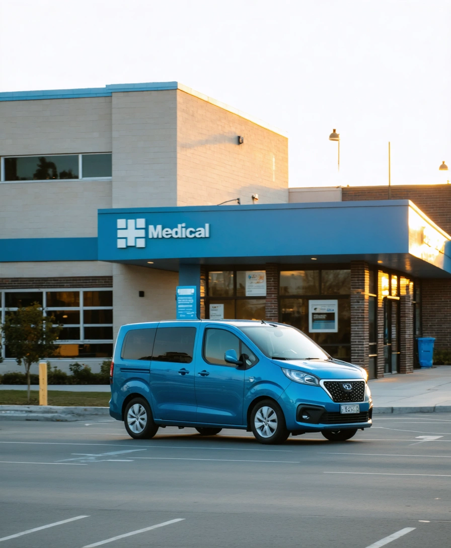 Blue mini van driving near a medical building at sunrise