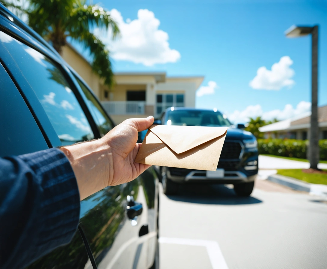 parcel-and-document-courier-p-1 Driver delivering a small package to a happy customer outside an office