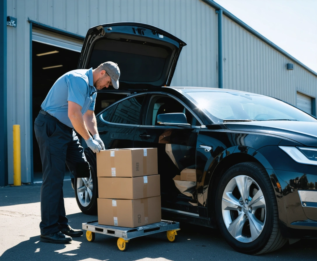 parcel-and-document-courier-p-2 Driver loading a package into a ride share car outside a warehouse