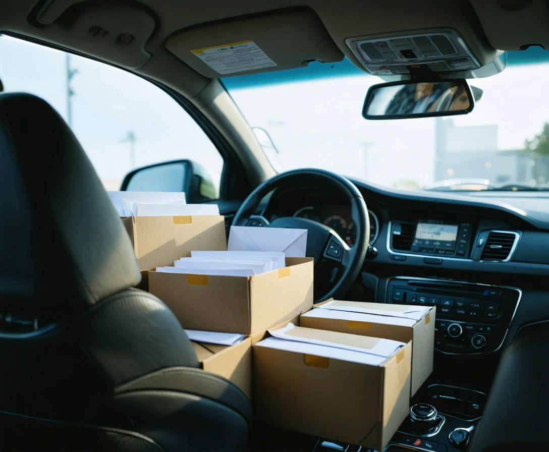 parcel-and-document-courier-p-3 Driver organizing envelopes and small boxes on passenger seat