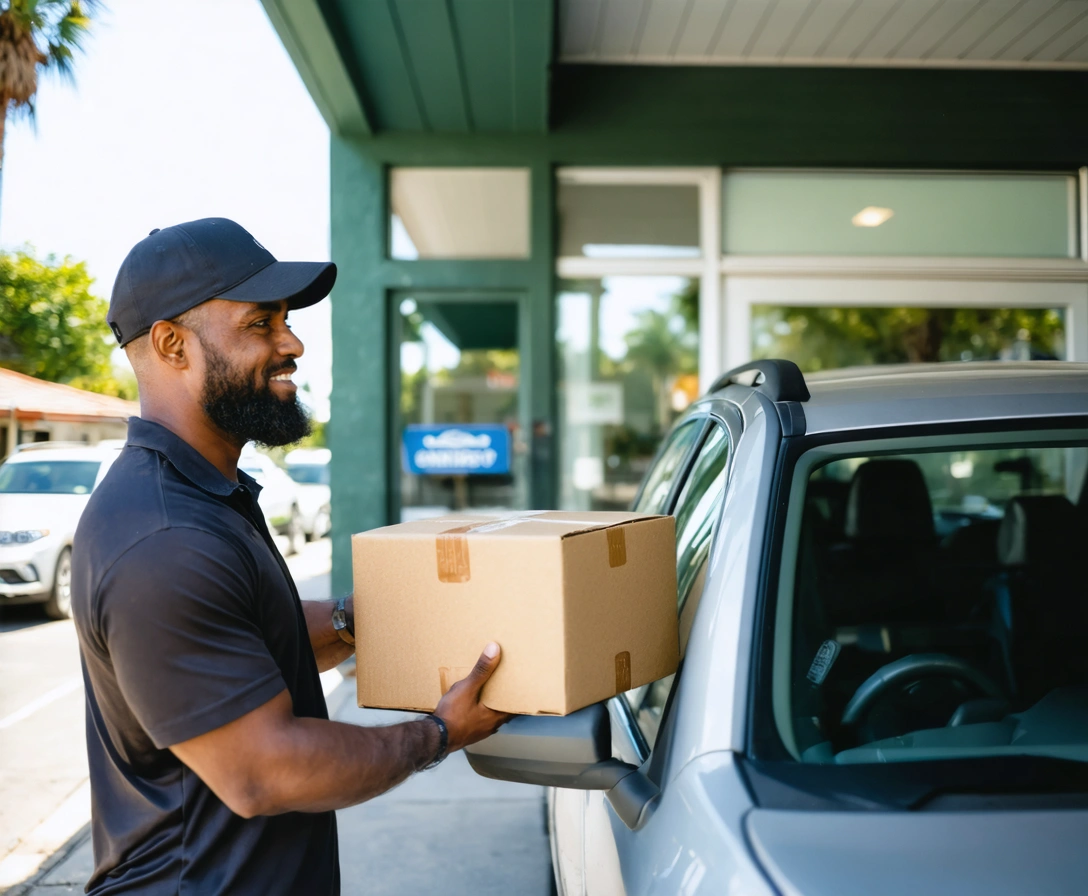 parcel-and-document-courier-p-4 Small business owner receiving a parcel from a driver in front of a local storefront